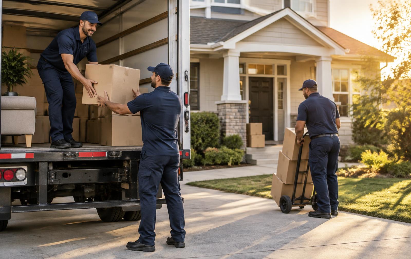 Moving crew loading boxes into a truck